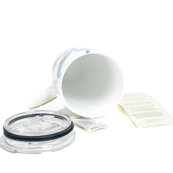 Travel Mug Ceramic Floral Blue White Gold Metallic 17 oz - Picture 4 of 7